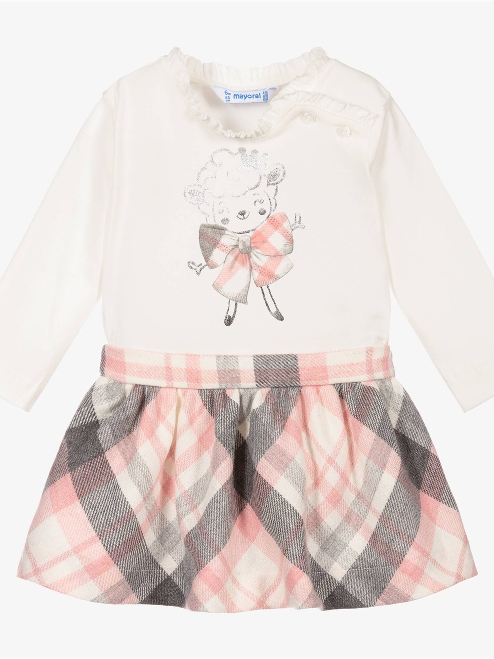 Mayoral Pink Gray and White Plaid Skirt